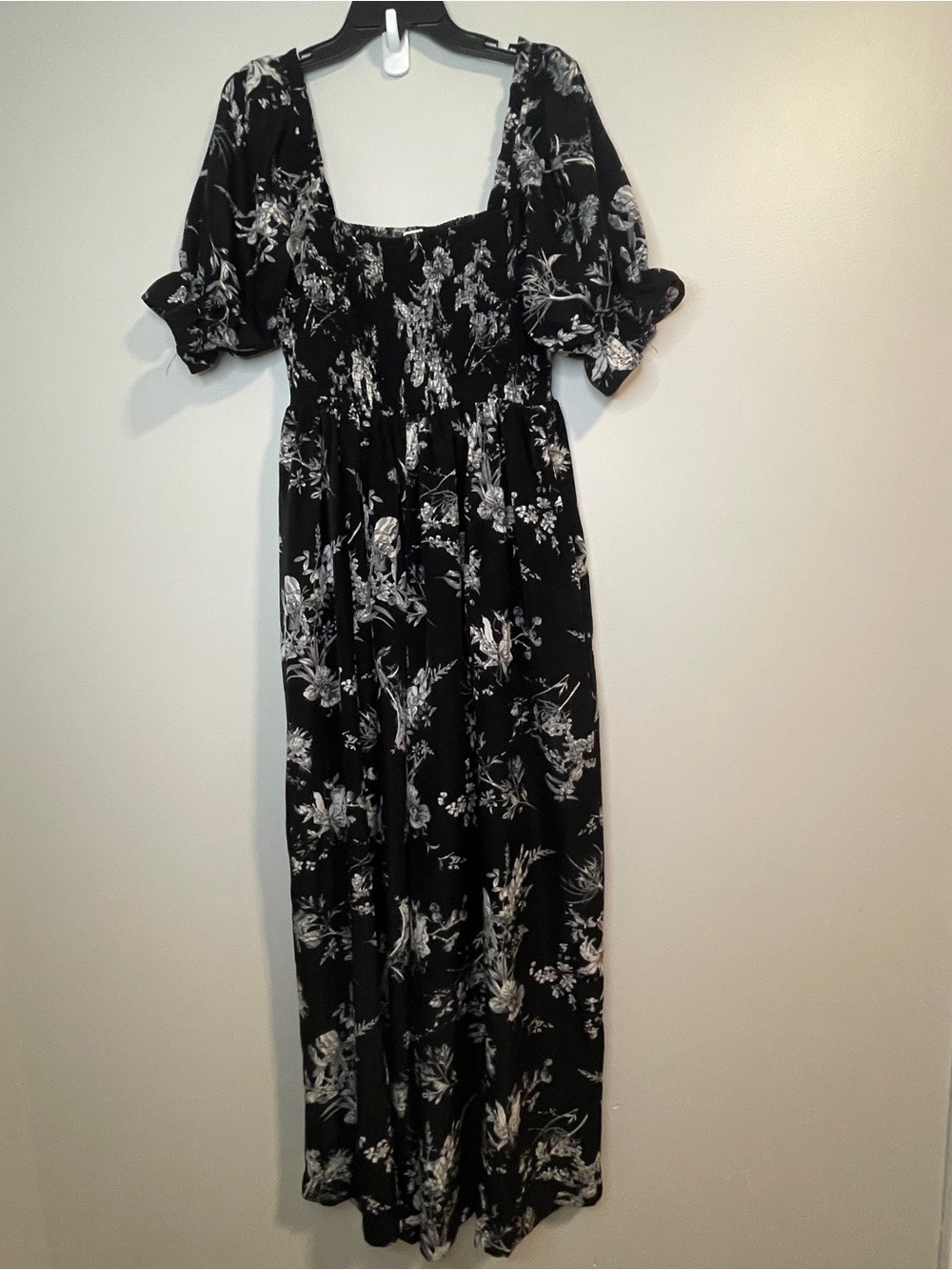 Smocked Black Floral Square-Neck Jumpsuit Wideleg